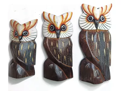 Figurki Rzeźby Drewno SOWA kpl 3 Sowy do 20cm Rękodzieło Orient